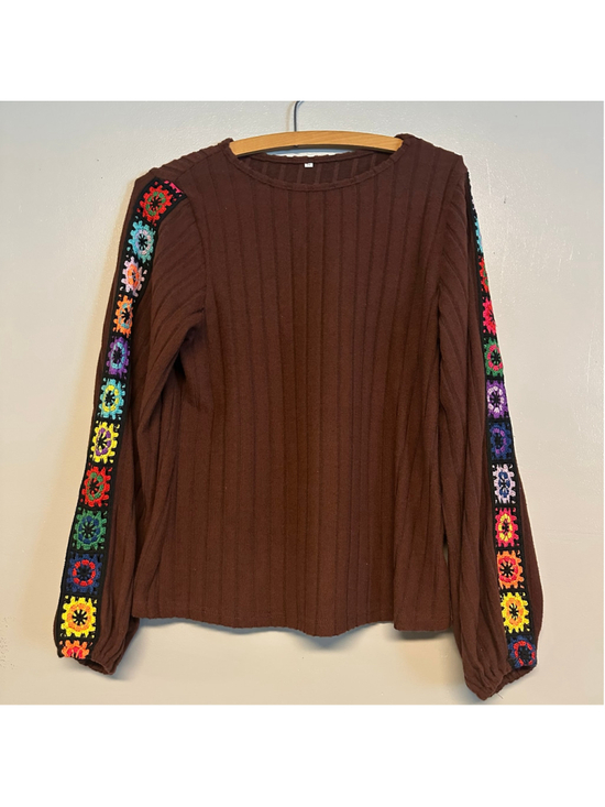 Unbranded Tops - Brown Long Sleeve Blouse Multicolor Crochet Granny Squares Women’s Size Small